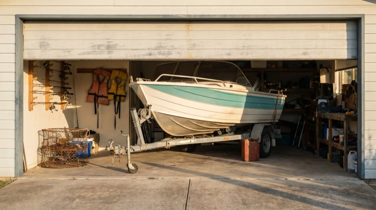 An aluminium trailer boat parked inside a double garage with the sectional door raised, fishing rods on the wall
