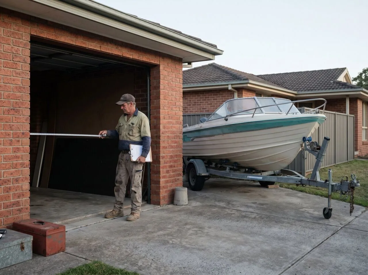 A technician measuring a garage opening with a tape measure, a trailer boat parked behind