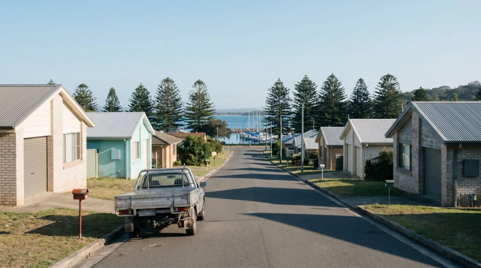 A Nelson Bay residential street sloping down toward the marina, garage doors facing the street